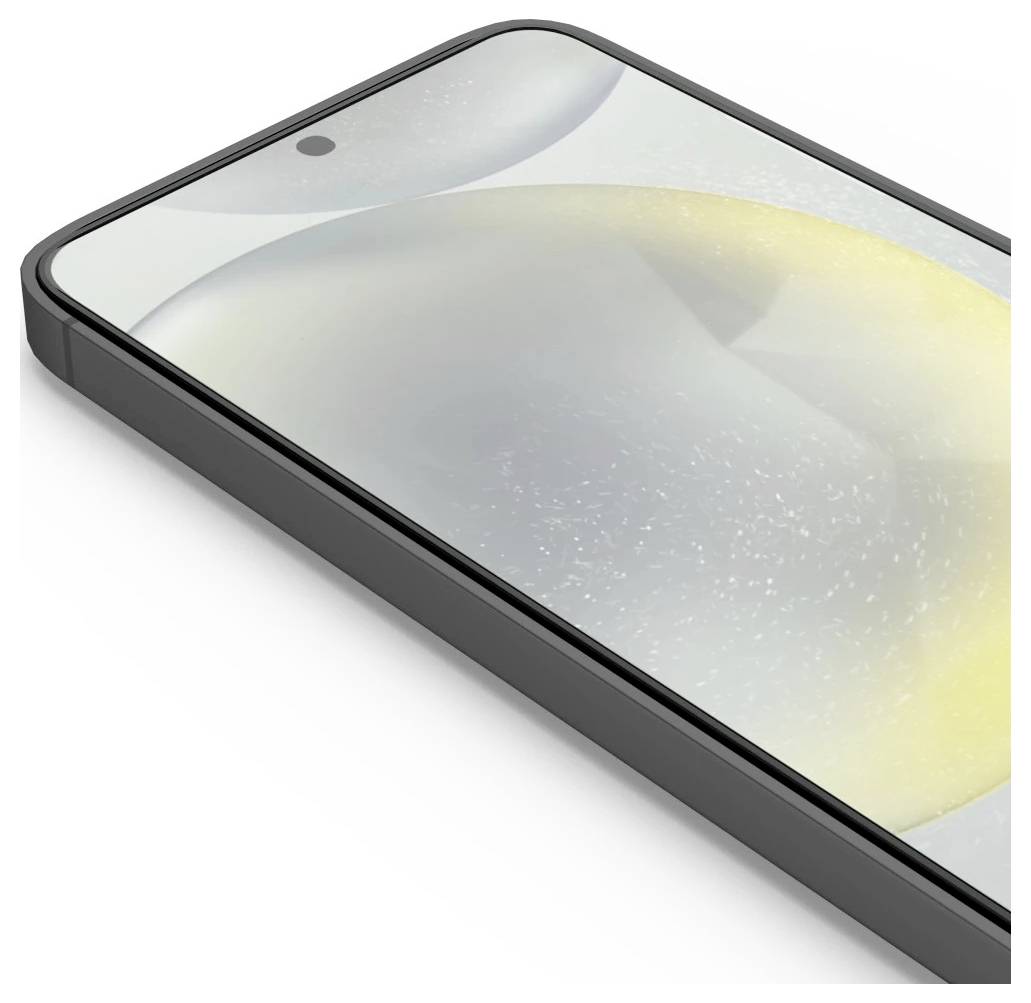 Nahaufnahme einer Smartphone-Vorderseite mit glänzendem Display und einzelner Lochkamera für Selfies auf weißem Hintergrund.