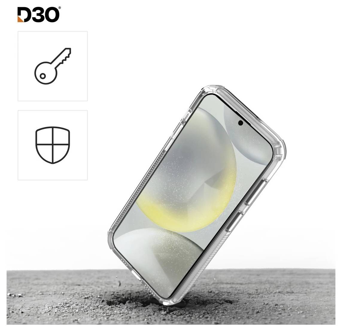 Telefon in einer klaren Schutzhülle steht aufrecht auf rauem Pflaster, mit Symbolen, die wichtige Haltbarkeits- und Sicherheitsfunktionen anzeigen.