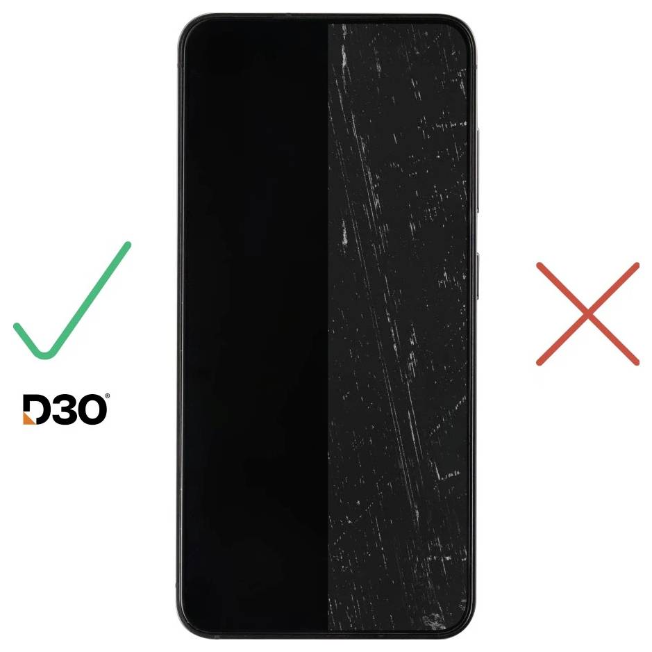 Rissiger Smartphone-Displayschutz dargestellt als falsch, mit einem grünen Häkchen neben einer intakten Seite und einem roten X neben der beschädigten Seite.