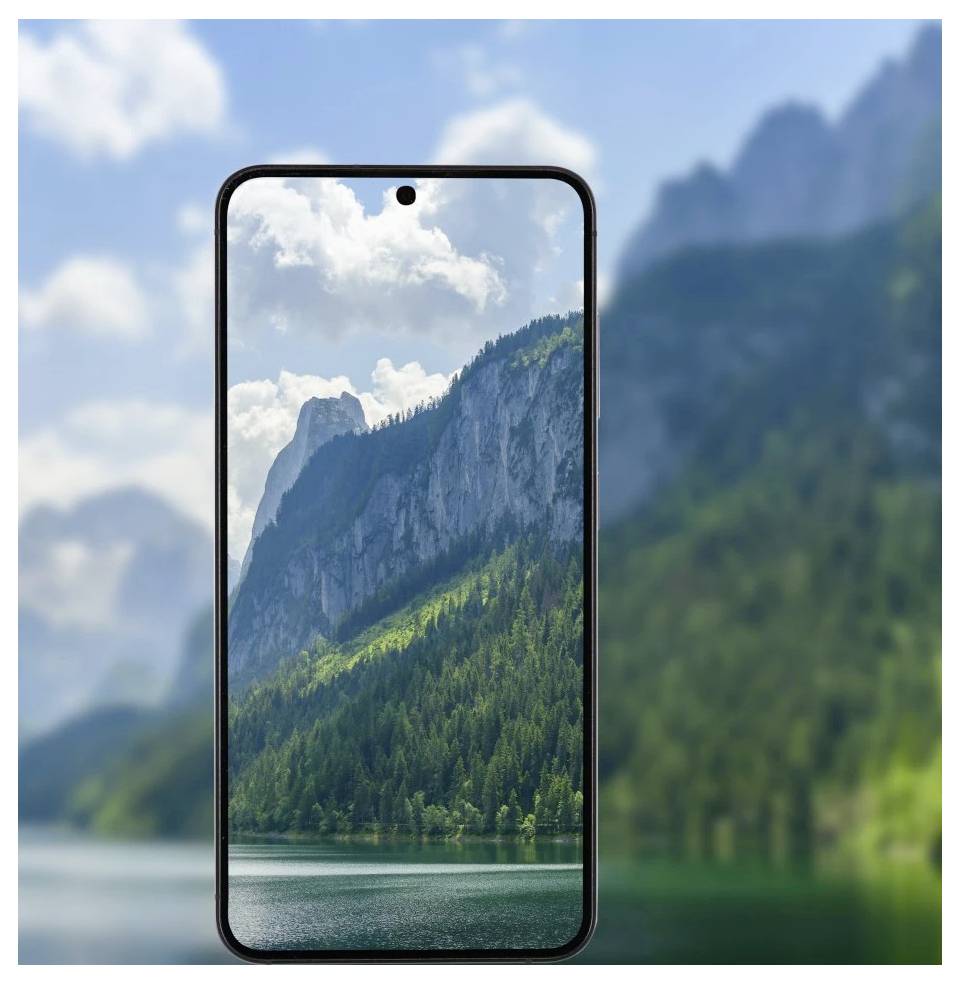 Smartphone-Rahmen mit einem Bergsee und einer Waldlandschaft, wobei die gleiche Landschaft im Hintergrund verschwommen ist.