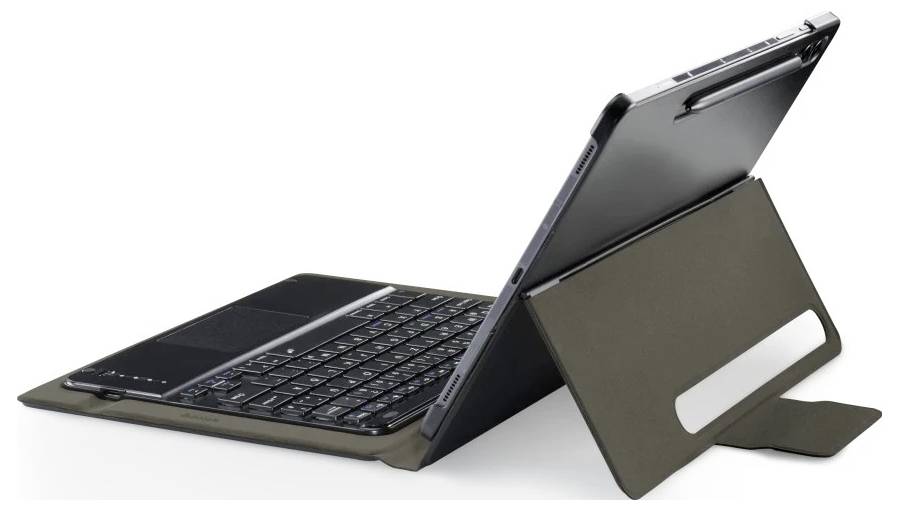 Tablet in einem faltbaren Tastaturkoffer, shown in side view mit dem screen aufgestellt wie ein laptop.