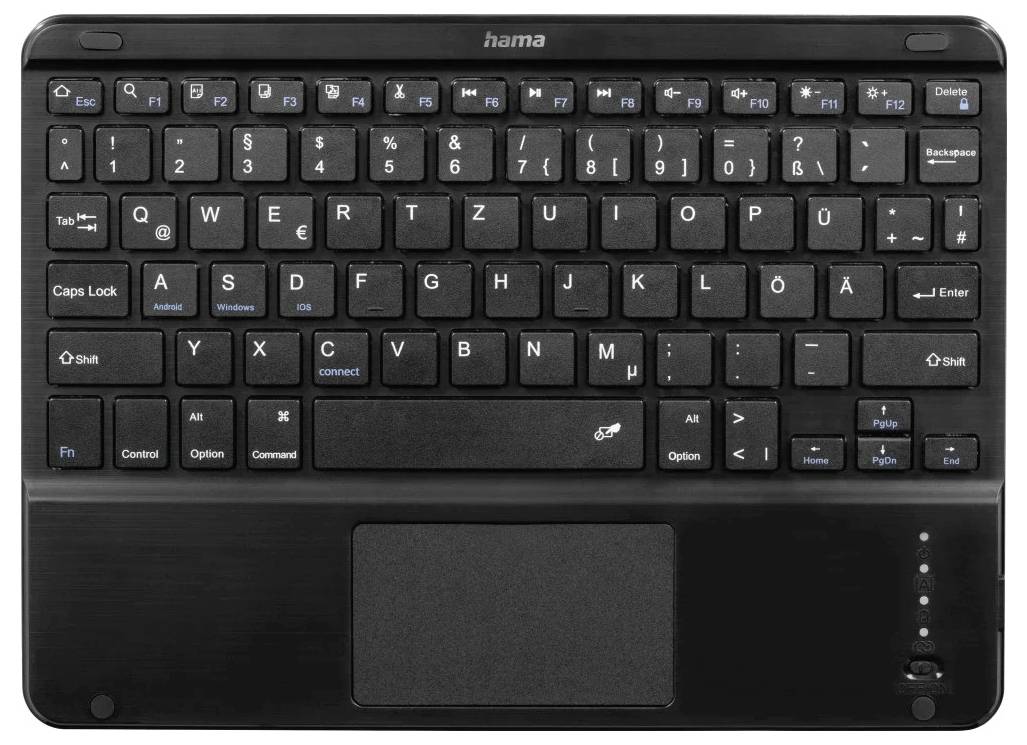 Kompakte schwarze kabellose Hama-Tastatur mit integriertem Touchpad, skandinavischem Layout und numerischem Tastenfeld-freiem Design für Tablet- oder Computernutzung.