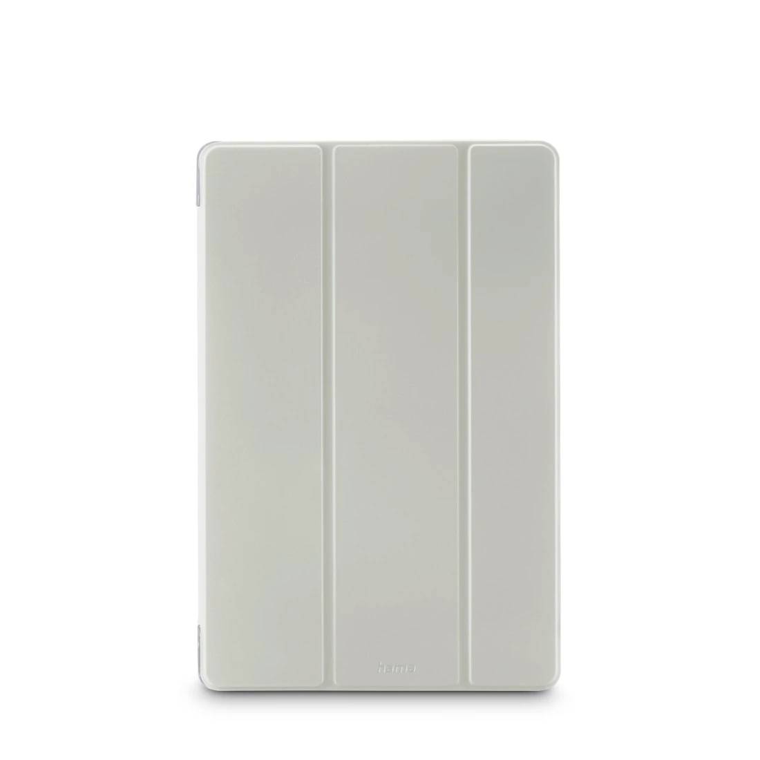 Ein hellgraues Tablet-Folio-Etui mit drei vorderen Paneelen, geschlossen auf weißem Hintergrund dargestellt.