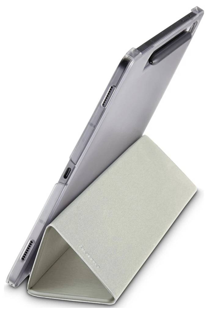 Tablet in einem hellgrauen Klappdeck, in einem Winkel wie ein Ständer auf weißem Hintergrund stehend.