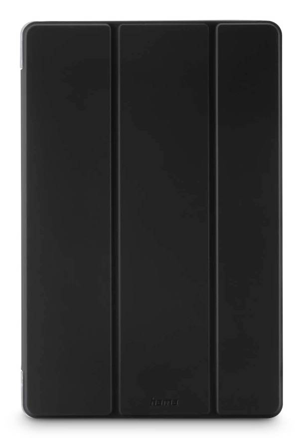 Schwarze dreiteilige Tablet-Schutzhülle, geschlossen auf weißem Hintergrund dargestellt.