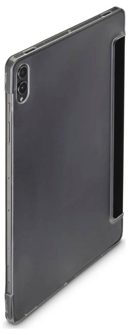 Schwarze Tablet-Schutzhülle mit Ausschnitt für die rückseitige Kamera und Handgriff, gezeigt in schräger Seitenansicht auf weißem Hintergrund.