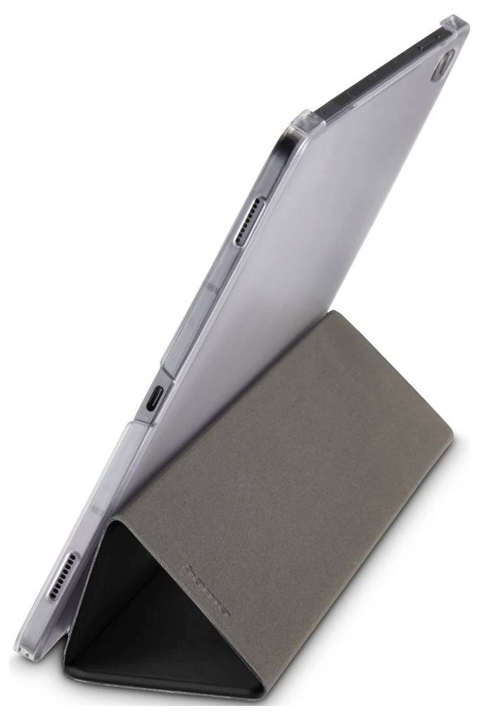 Tablet in einem grauen Klapptaschenständer, dargestellt in Hochformat auf weißem Hintergrund.