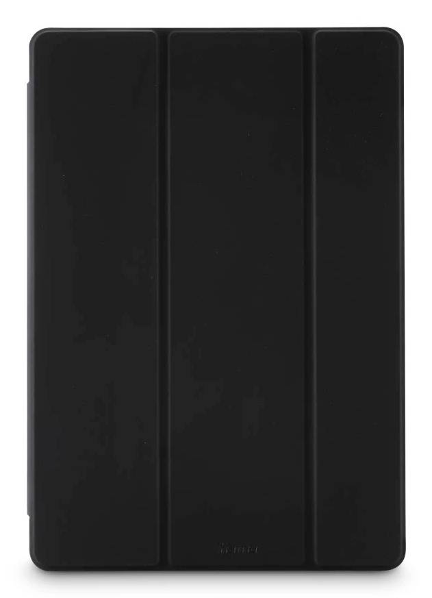 Schwarze Tablet-Schutzhülle mit drei vertikalen vorderen Paneelen, geschlossen auf weißem Hintergrund dargestellt.