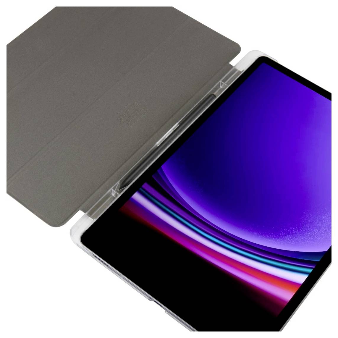 Tablet in einem grauen Folio-Etui mit eingeschaltetem Bildschirm, auf dem eine abstrakte Tapete in Lila und Rosa angezeigt wird.