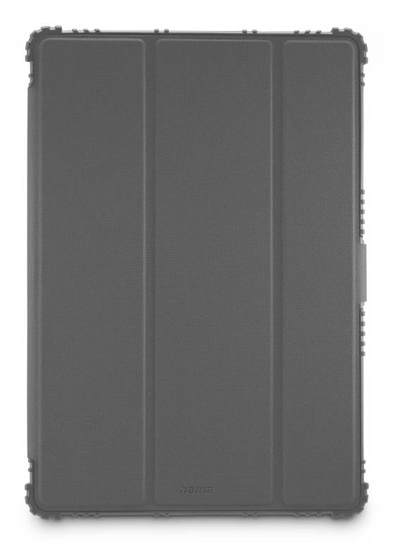 Dunkelgraue Schutztabletthülle oder Abdeckung in Vorderansicht, mit drei vertikalen Paneelen und robusten Kanten.