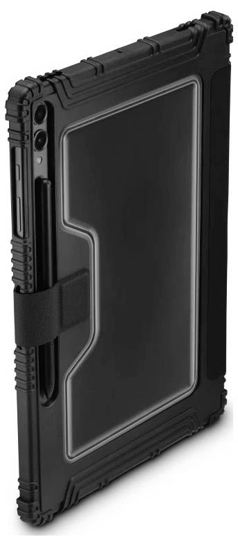 Schwarze robuste Schutztabletthülle mit transparenter Vorderabdeckung und seitlichem Handgriff.