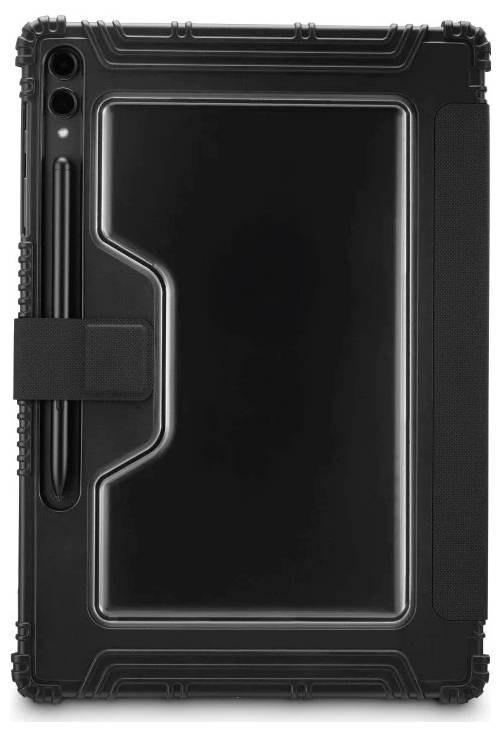Schwarzes robustes Tablet-Etui mit integrierter Stylus-Halterung und verstärkten Kanten, in Vorderansicht dargestellt.
