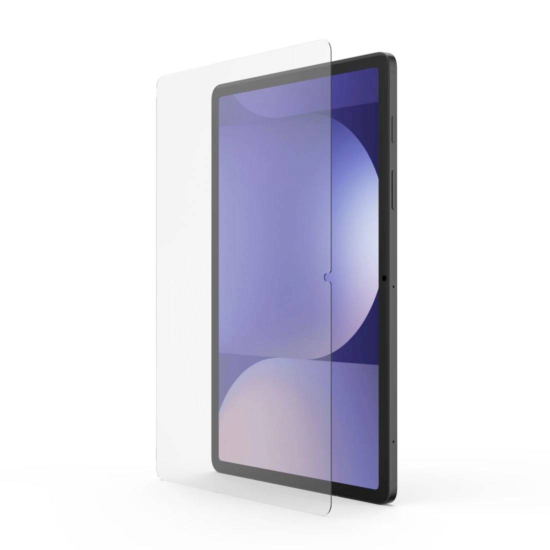 Tablet mit einer klaren Schutzbildschirmabdeckung und Gehäuse, auf weißem Hintergrund dargestellt.