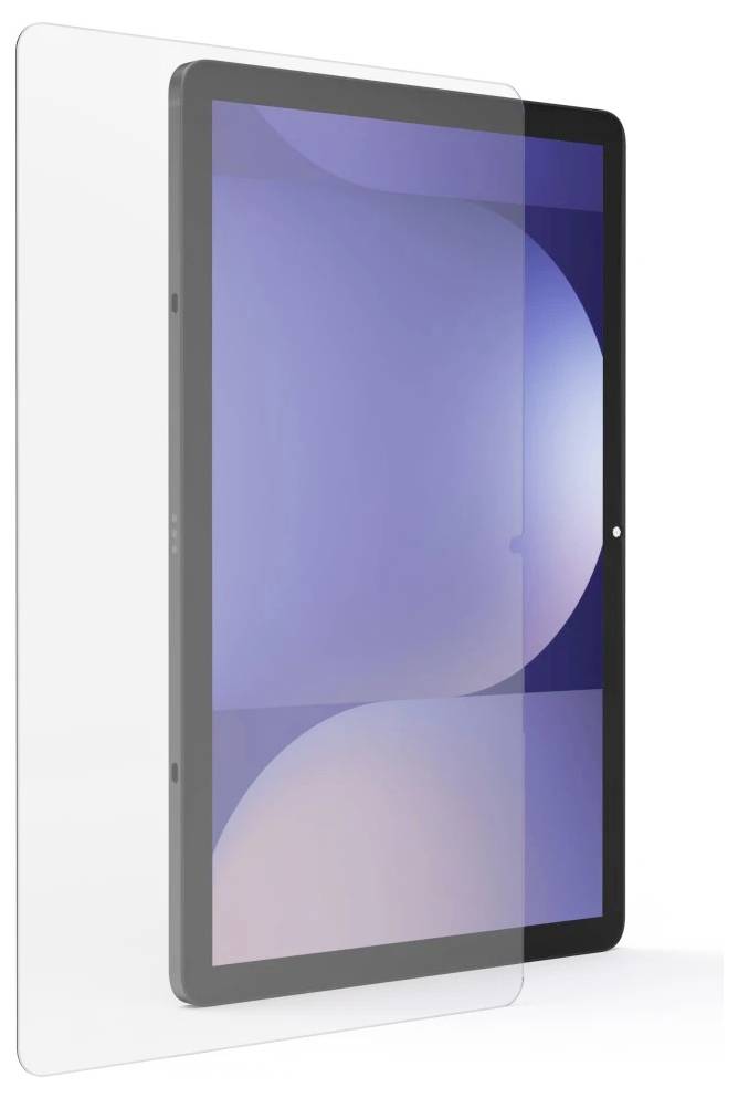 Tablet mit einer transparenten Displayschutzfolie, die über dem Display ausgerichtet ist, auf weißem Hintergrund gezeigt.