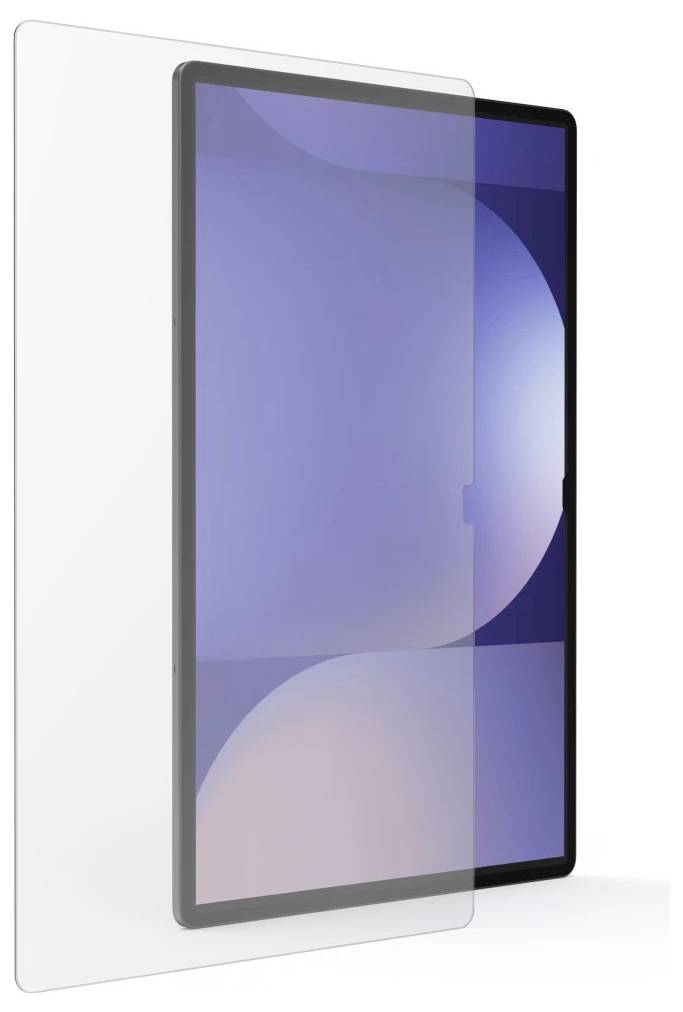Tablet mit einem klaren Schutzfolienfilm, der ordnungsgemäß vor dem Display auf weißem Hintergrund ausgerichtet ist.