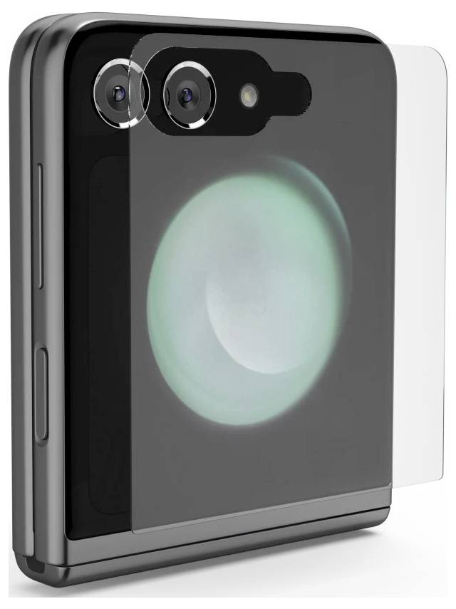 Ein schwarzes Smartphone in einer Schutzhülle mit Klappmechanismus, teilweise geöffnet dargestellt mit dualen Rückkameras und einer durchscheinenden Rückseite.