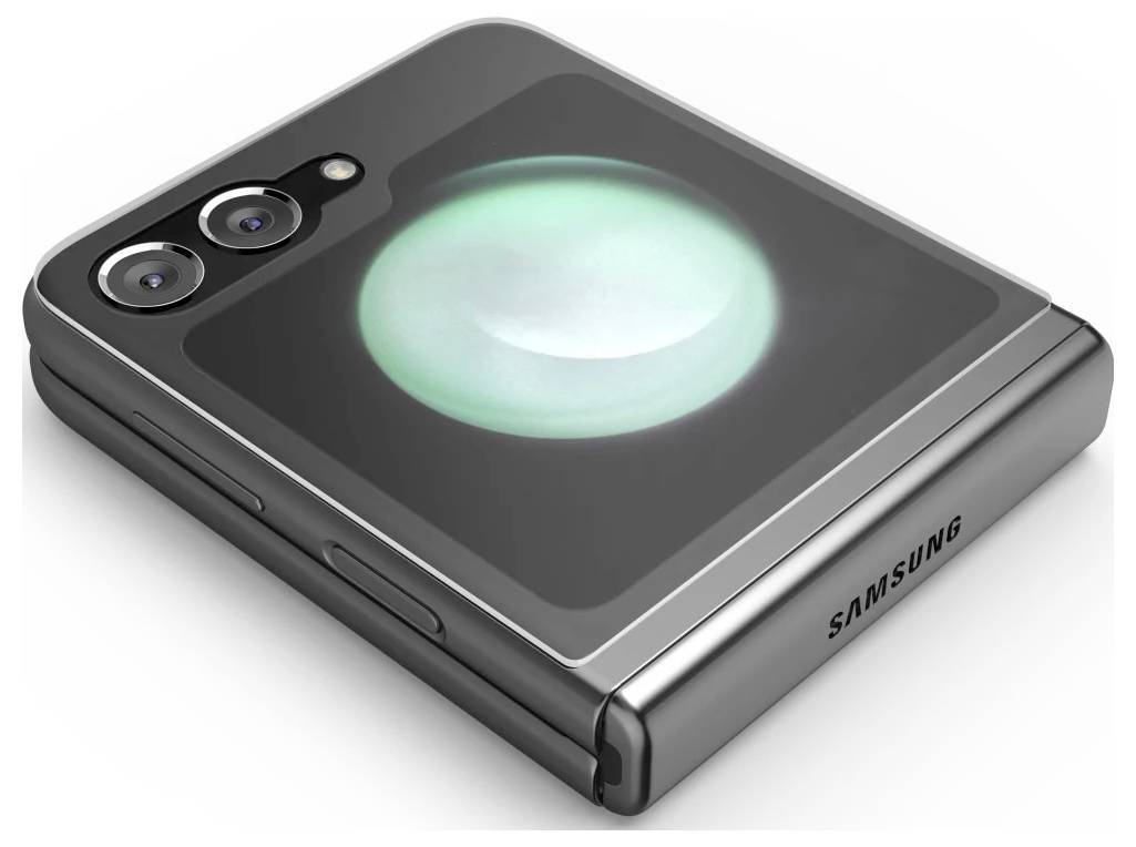 Zugeklapptes Samsung-Faltsmartphone, das im eingeklappten Zustand gezeigt wird, mit Dual-Kameras auf der Rückseite und einem leuchtenden kreisförmigen Displaybereich auf der äußeren Abdeckung.