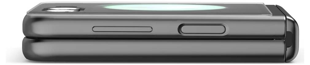 Seitenansicht eines geschlossenen schwarzen faltbaren Smartphones mit seinem dünnen Muschelschalendesign und Scharnier.