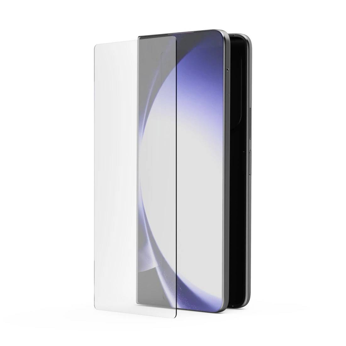 Drei Smartphones übereinander angeordnet, mit einem transparenten Frontpanel und einem Telefon, das einen blauen abstrakten Bildschirm anzeigt.