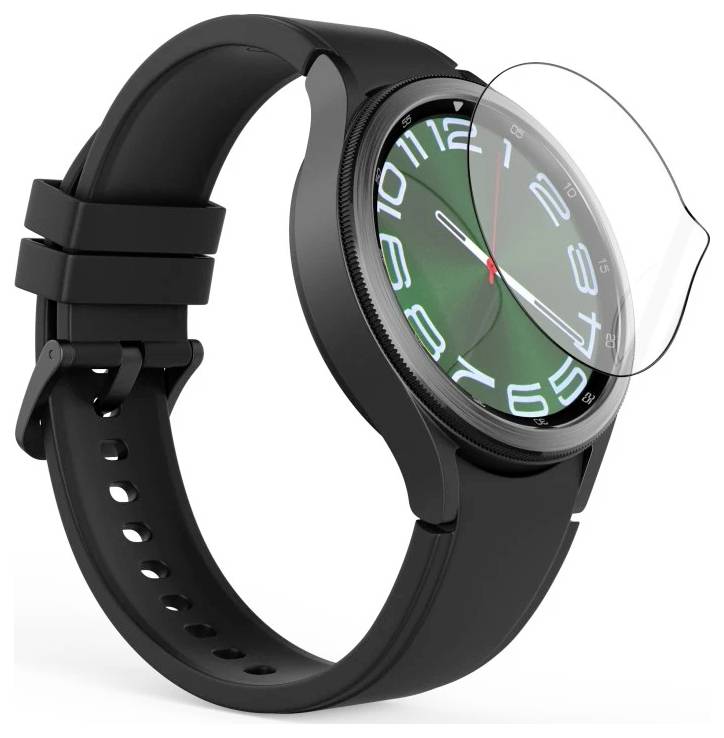 Schwarze Smartwatch mit rundem grünem Display im digitalen Stil und schwarzem Silikonband, gezeigt mit einer Schutzfolie für den Bildschirm.