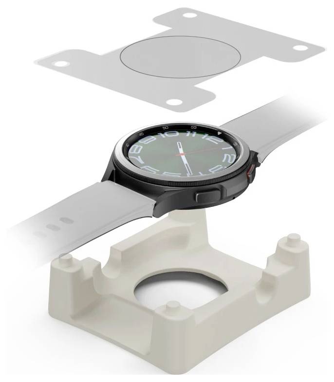 Explodierte Ansicht einer Smartwatch, die ihr Gehäuse, das Armband und die internen Befestigungsschichten über und unter dem Gerät getrennt zeigt.