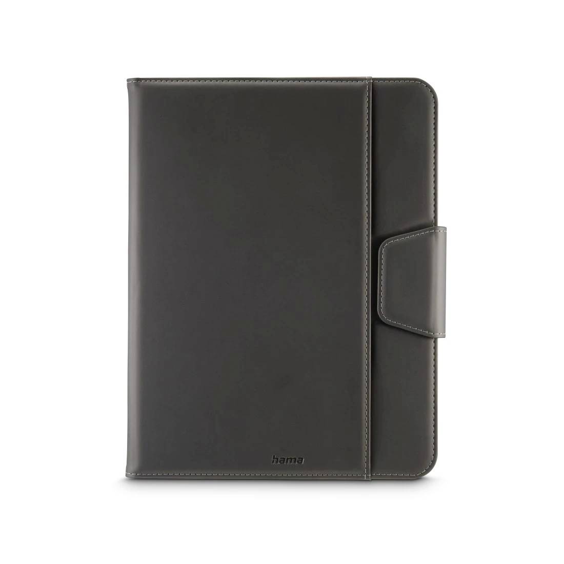 Schwarzer Leder-Organizer oder Tablet-Folio mit Vorderdeckel, gesäumten Kanten und seitlichem Riemenverschluss auf weißem Hintergrund.