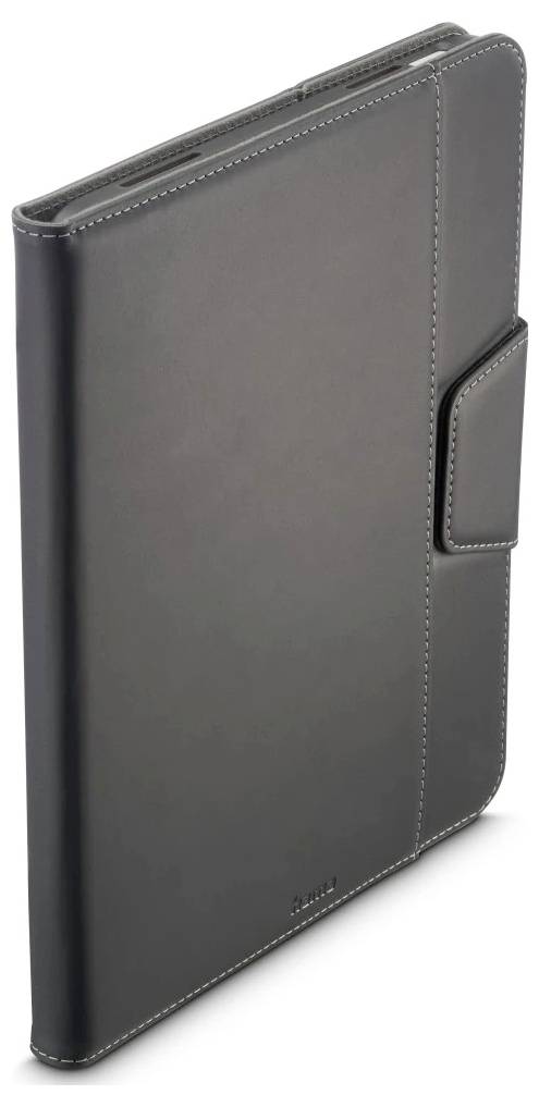 Schwarze Leder-Tablet- oder E-Reader-Foliohülle mit Seitenverschluss, geschlossen auf weißem Hintergrund dargestellt.