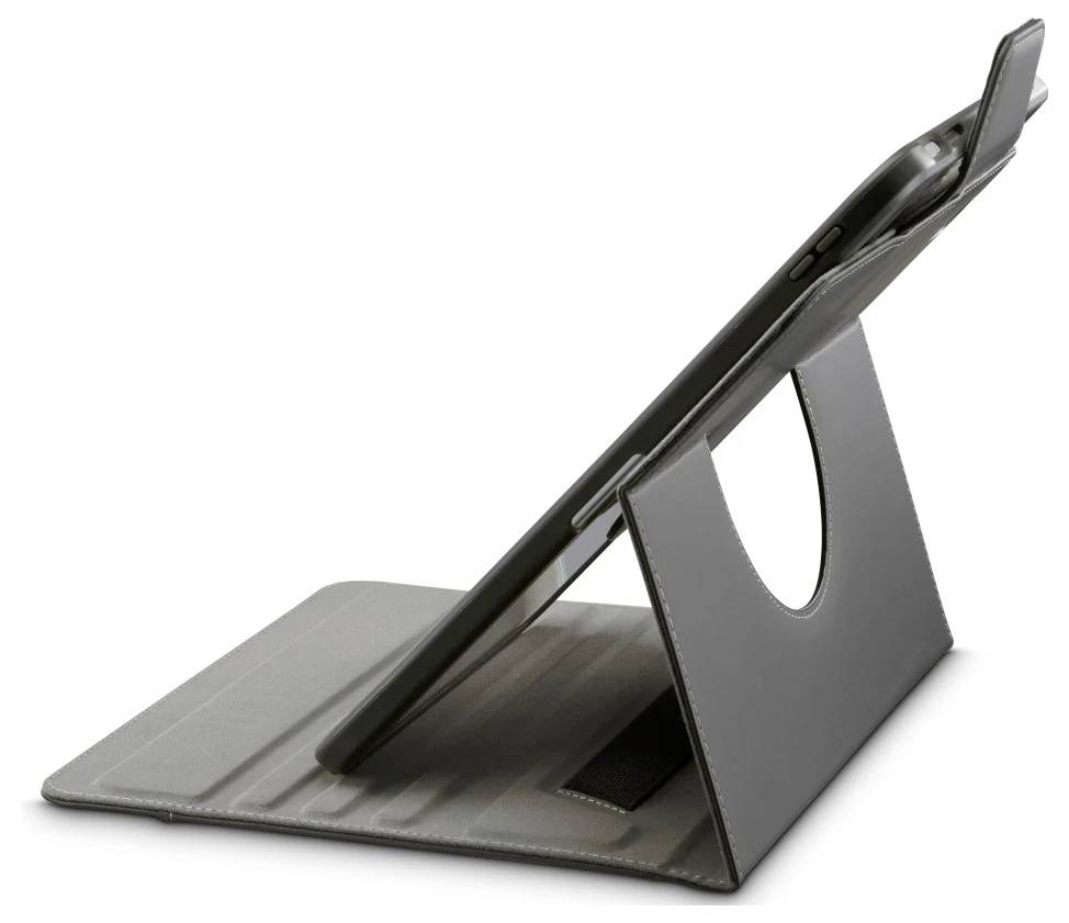 Schwarzes Smartphone auf einem grauen zusammenklappbaren Ständeretui gestützt, in Seitenansicht gezeigt.