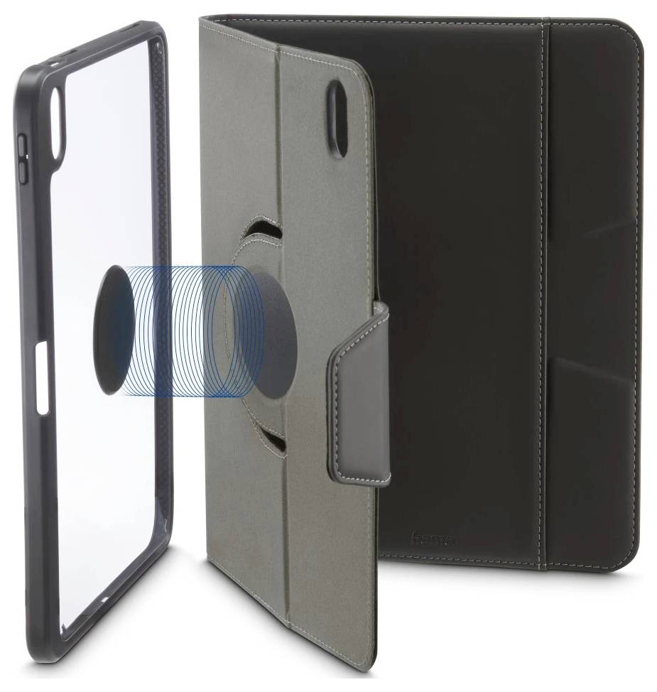 Explosionsdarstellung einer Smartphone-Brieftaschenhülle mit abnehmbarem Vorderrahmen, Faltcover und im Blau dargestelltem Magnetbefestigungsbereich.