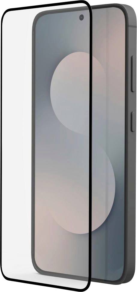Vorder- und Rückansicht eines schlanken schwarzen Smartphones mit großem randlosem Bildschirm und Seitentasten.