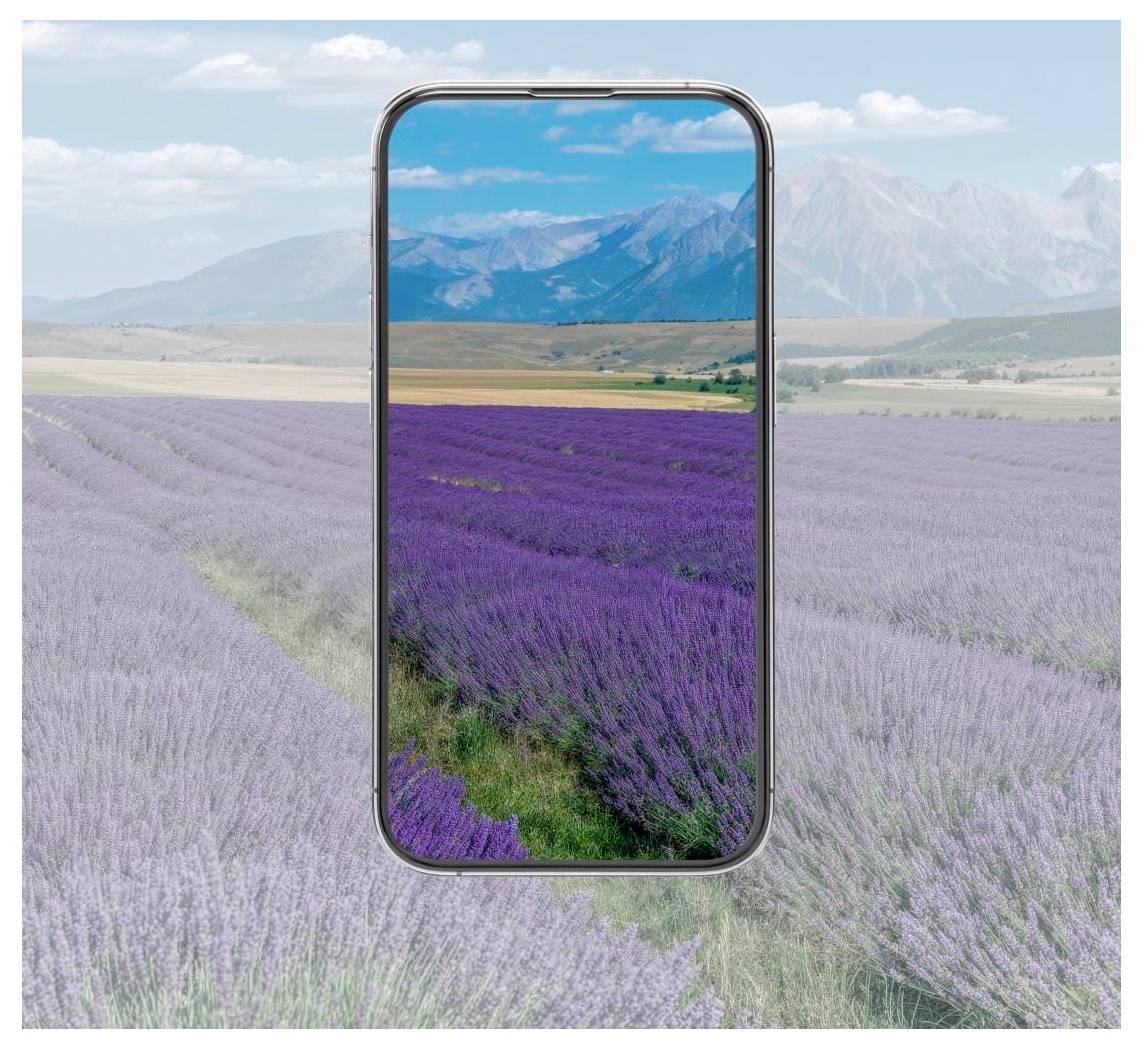 Smartphone zeigt ein lebendiges Lavendelfeld und Berge an, zentriert über einer breiteren Pastelllandschaft im Hintergrund.