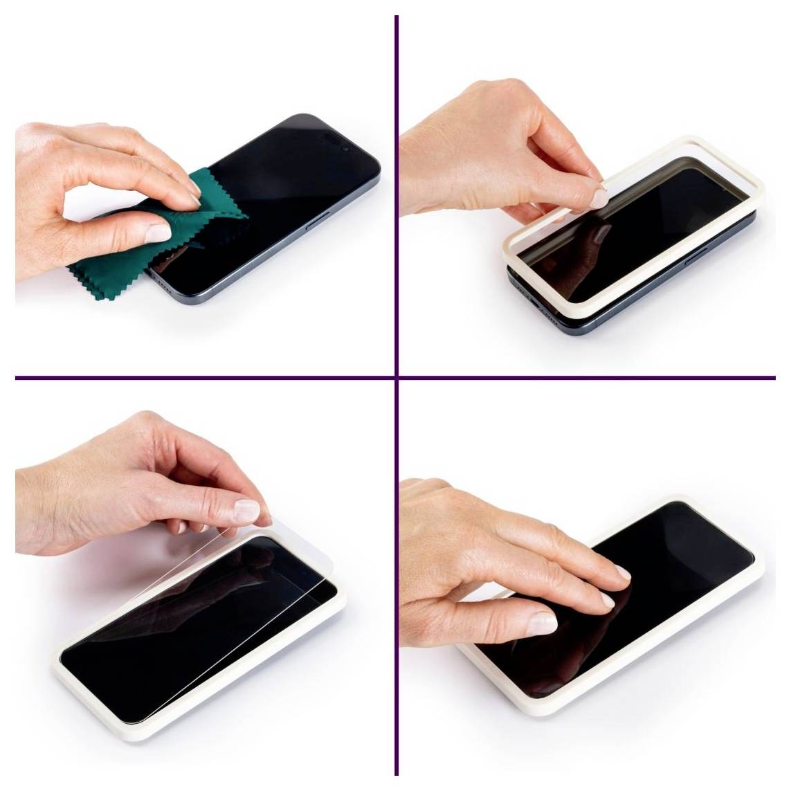 Vier-Schritt-Anleitung zur Reinigung und zum Aufbringen einer Displayschutzfolie auf ein Smartphone mit einem Tuch und einer Haftfolie.