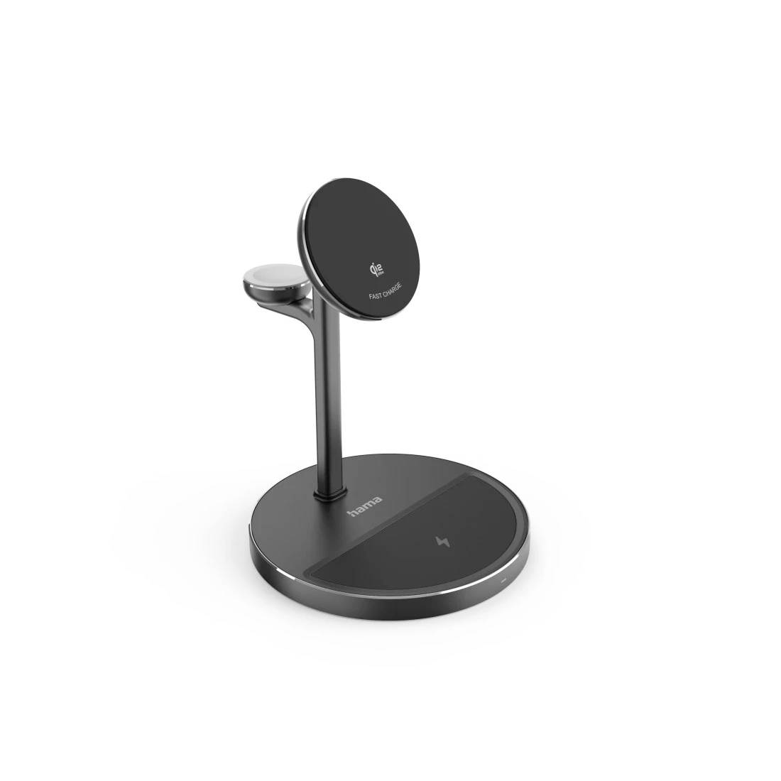 Schwarzes 3-in-1 kabelloses Ladegerät mit kreisförmiger Basis für Telefon, Kopfhörer und Smartwatch.