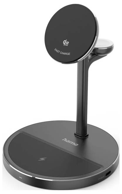 Schwarze kabellose Ladestation und Basis mit kreisförmiger Handyablage und Uhrenladegerät, beschriftet mit „Qi2" und „FAST CHARGE".