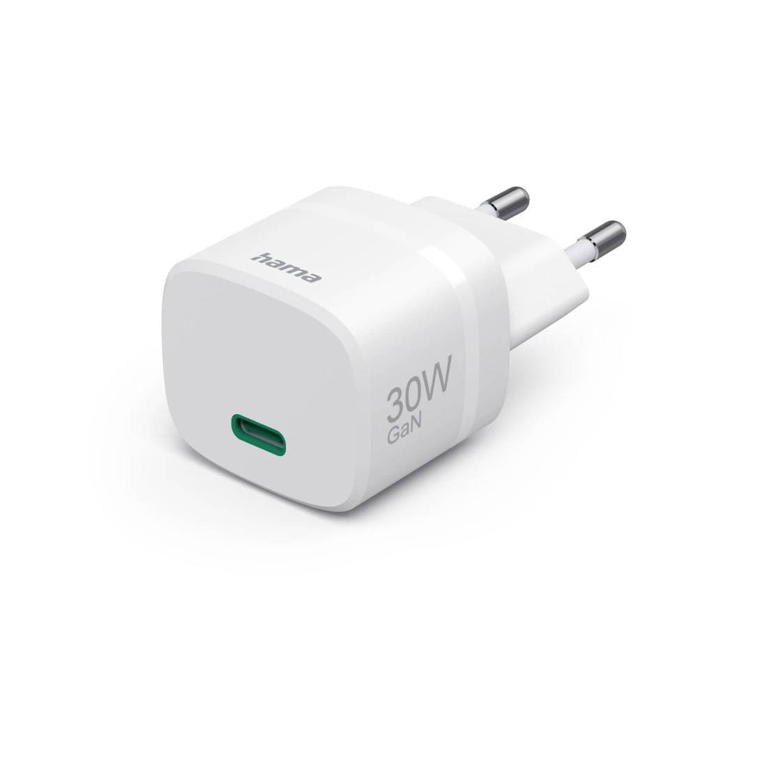 Weißes Hama 30W GaN USB-C Wandladegerät mit zweipoligem EU-Stecker
