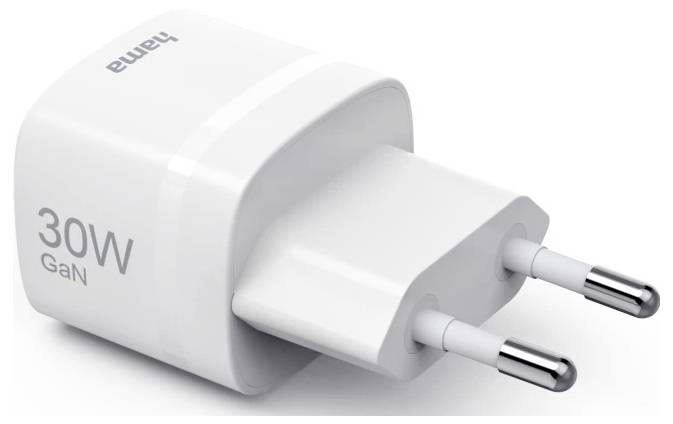 Weißes 30W GaN-Wandladegerät mit zwei runden europäischen Steckdosen, gezeigt in produktstiliger Nahaufnahme auf weißem Hintergrund.