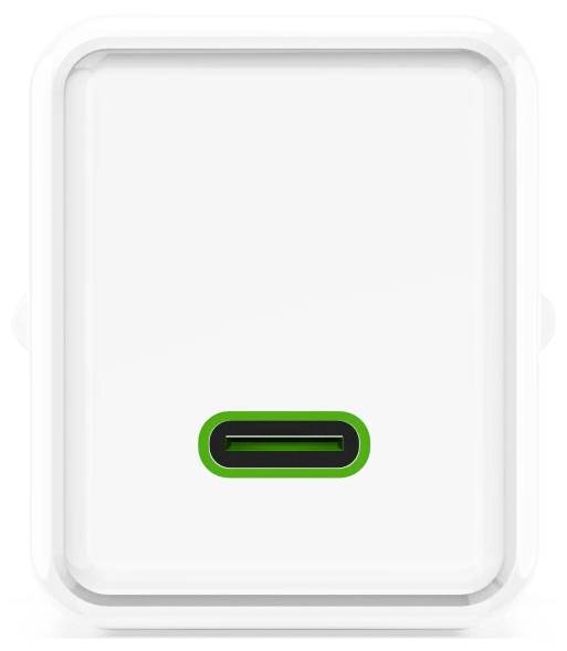 Weiße Wandladegerät oder Stromadapter mit einem einzelnen USB-C-Anschluss, der sich in der Nähe des unteren Endes in der Mitte befindet.