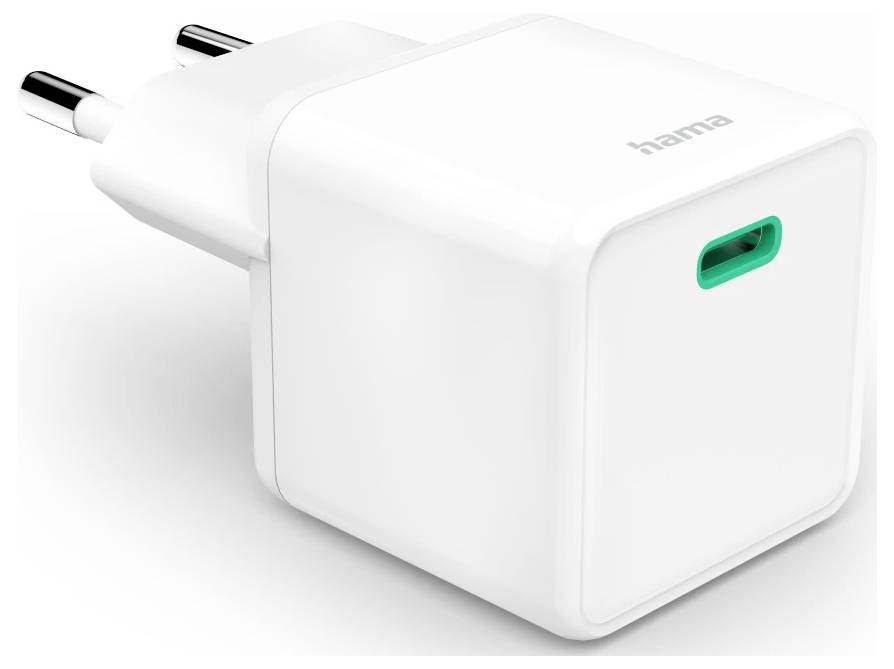 Weißes Hama-Wandladegerät mit zwei runden Steckerstiften und einem grünen USB-C-Anschluss