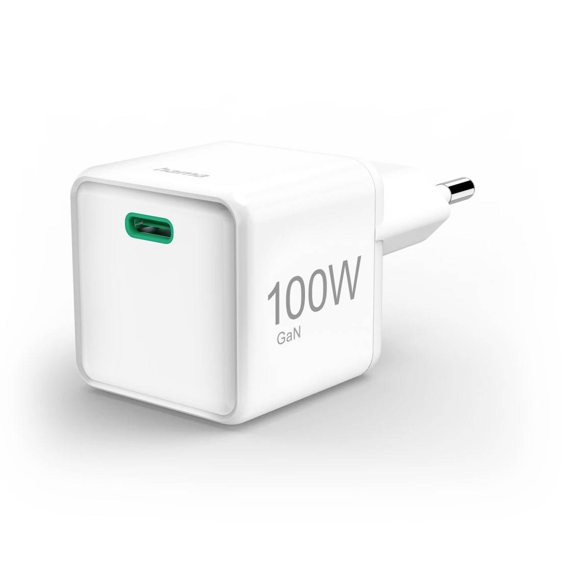 Weißes 100W GaN-Wandladegerät mit einem einzelnen USB-C-Anschluss und europäischem Stecker.