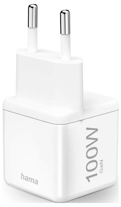 Weißes Hama 100W GaN USB-C Wandladegerät mit zwei runden europäischen Steckern, gezeigt auf einfachem Hintergrund.