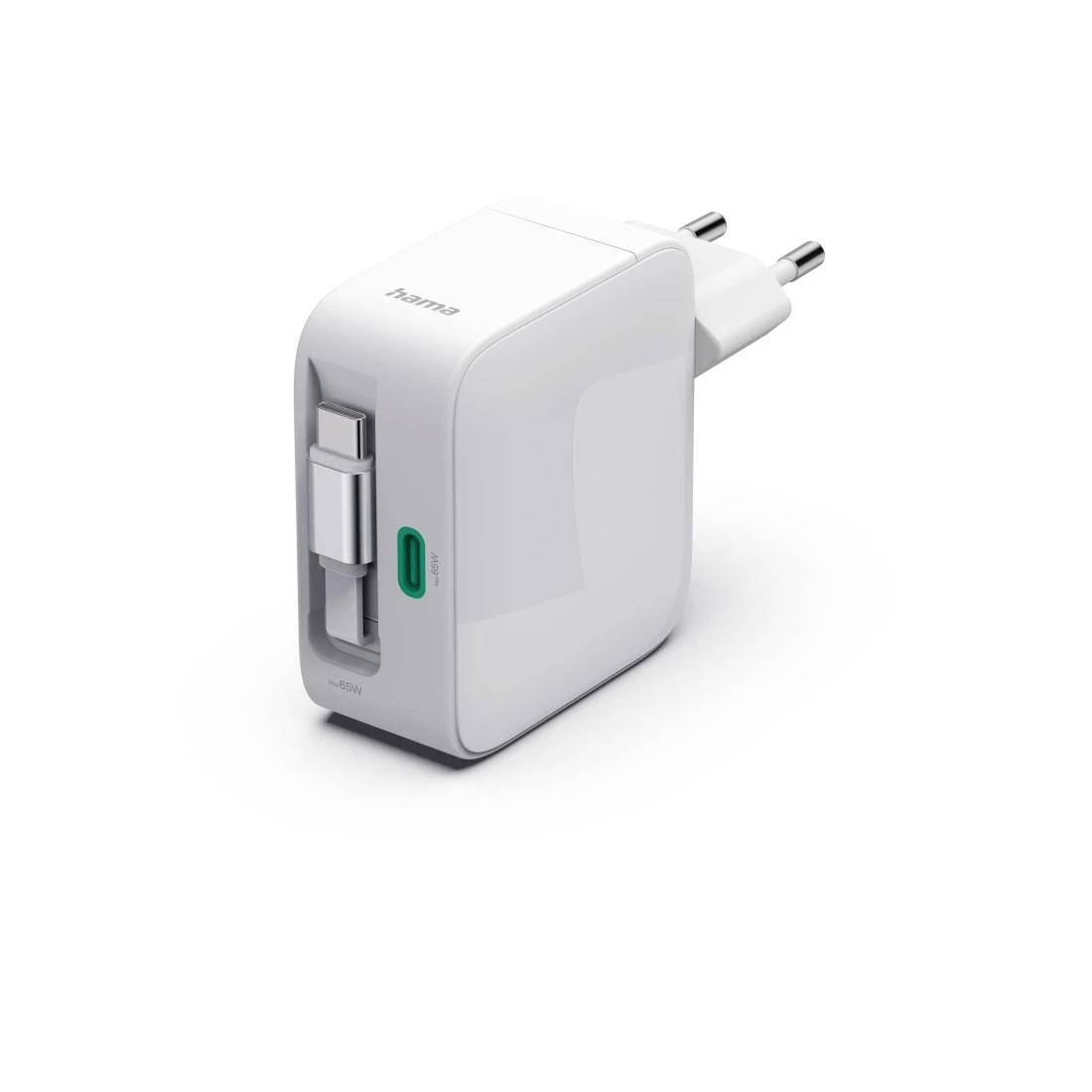 Weißes Wandladegerät mit europäischem Zweipolstecker, einem USB-C-Anschluss und einer Befestigungsvorrichtung/Aufhängevorrichtung an der Vorderseite.