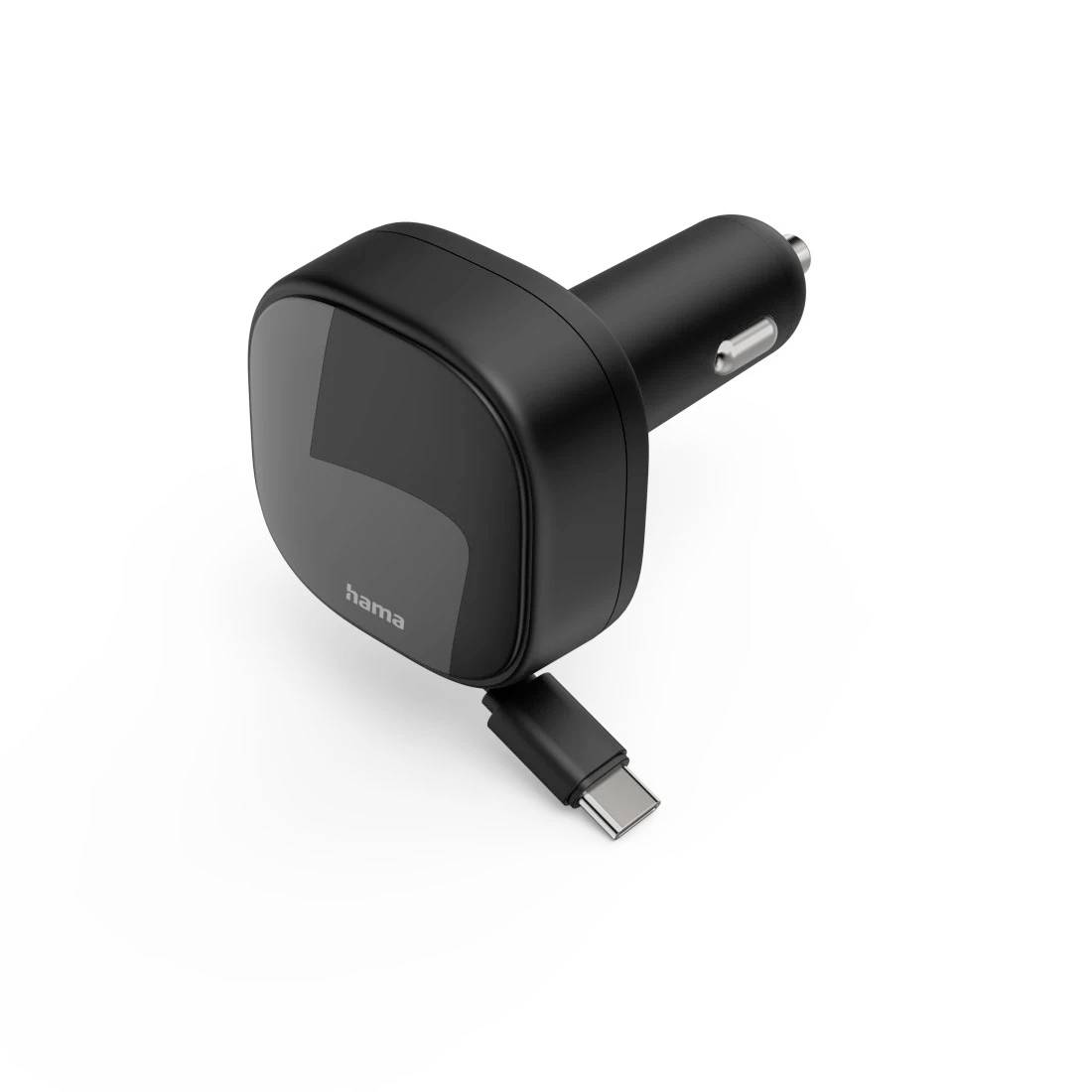 Schwarzes Autoladegetät mit USB-C-Kabel und Hama-Logo, gezeigt auf weißem Hintergrund.