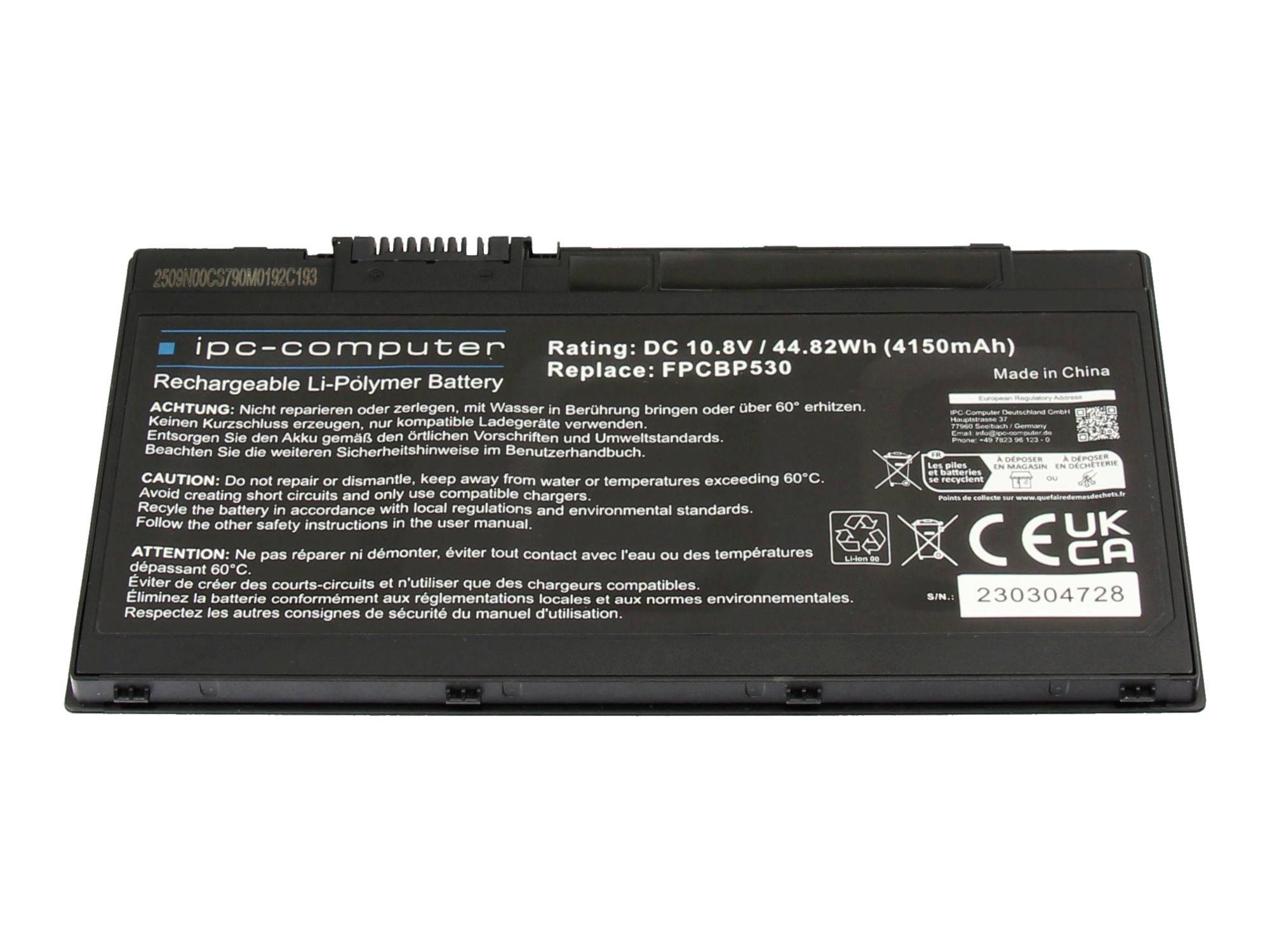 Schwarzer wiederaufladbarer Li-Polymer-Laptop-Akku von IPC-Computer, gekennzeichnet mit DC 10,8V 44,82Wh (4150mAh) und austauschbar FPCBP530.
