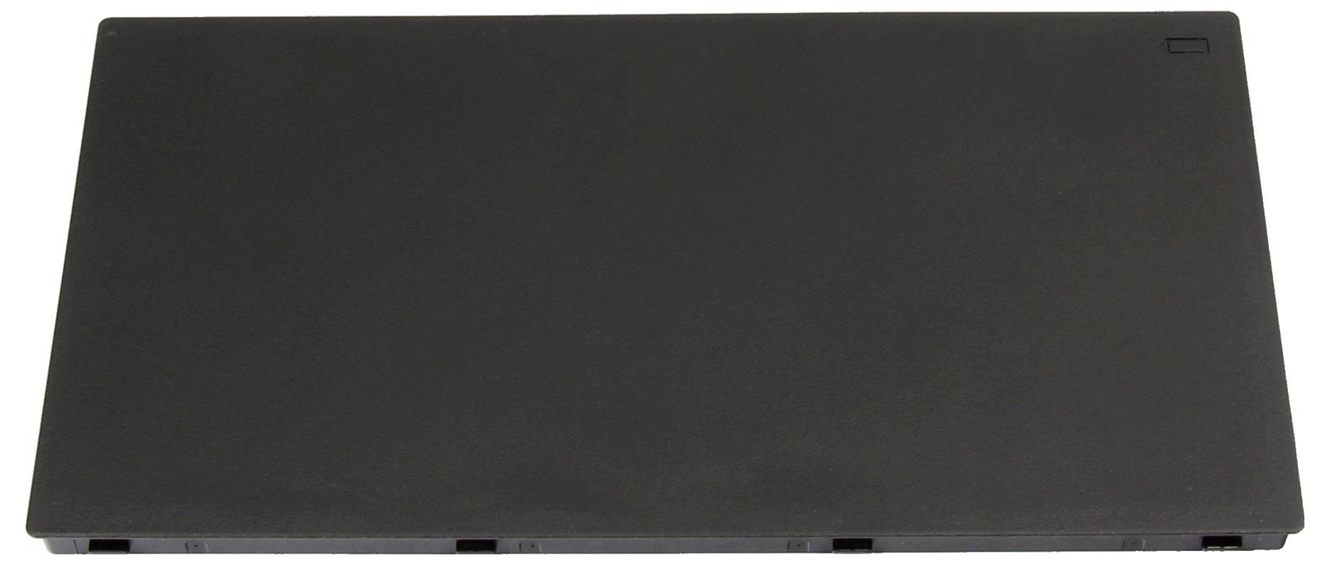 Geschlossener schwarzer Laptop-Deckel von oben betrachtet, zeigt eine glatte matte Oberfläche mit kleinen Scharnierdetails.