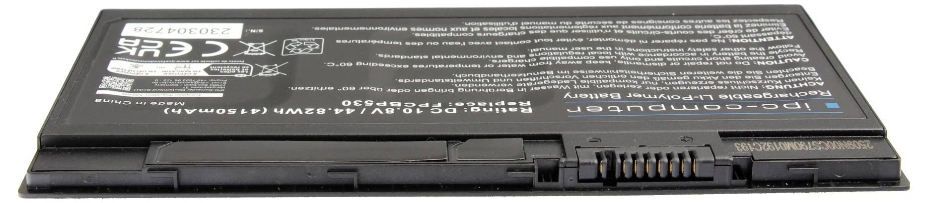 Laptop-Akku mit der Bezeichnung „ICP-S303" mit Zertifizierungsmarkierungen und schwarzem rechteckigem Gehäuse mit sichtbaren Steckerkontakten.