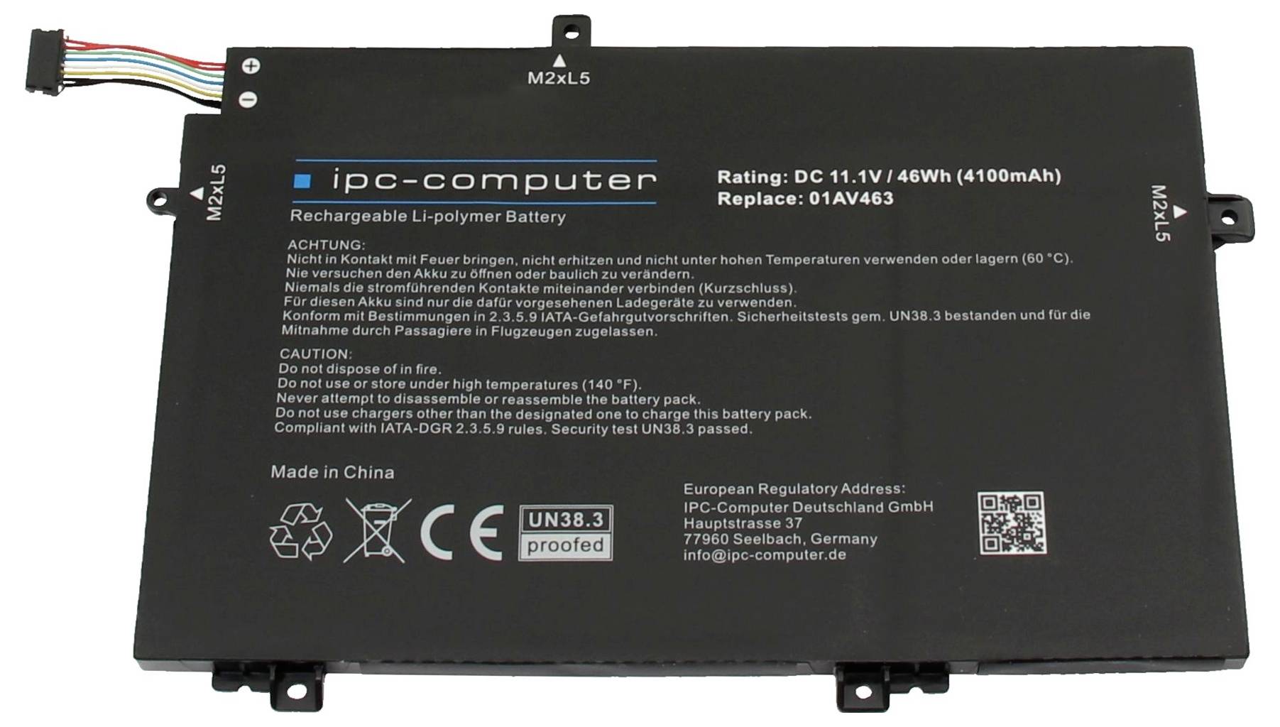 Schwarzes IPC-Computer-Akku-Pack aus wiederaufladbarem Lithium-Polymer mit angebautem mehrfarbigem Kabel; das Etikett zeigt 11,1V, 46Wh, 4100mAh und Sicherheitswarnungen.
