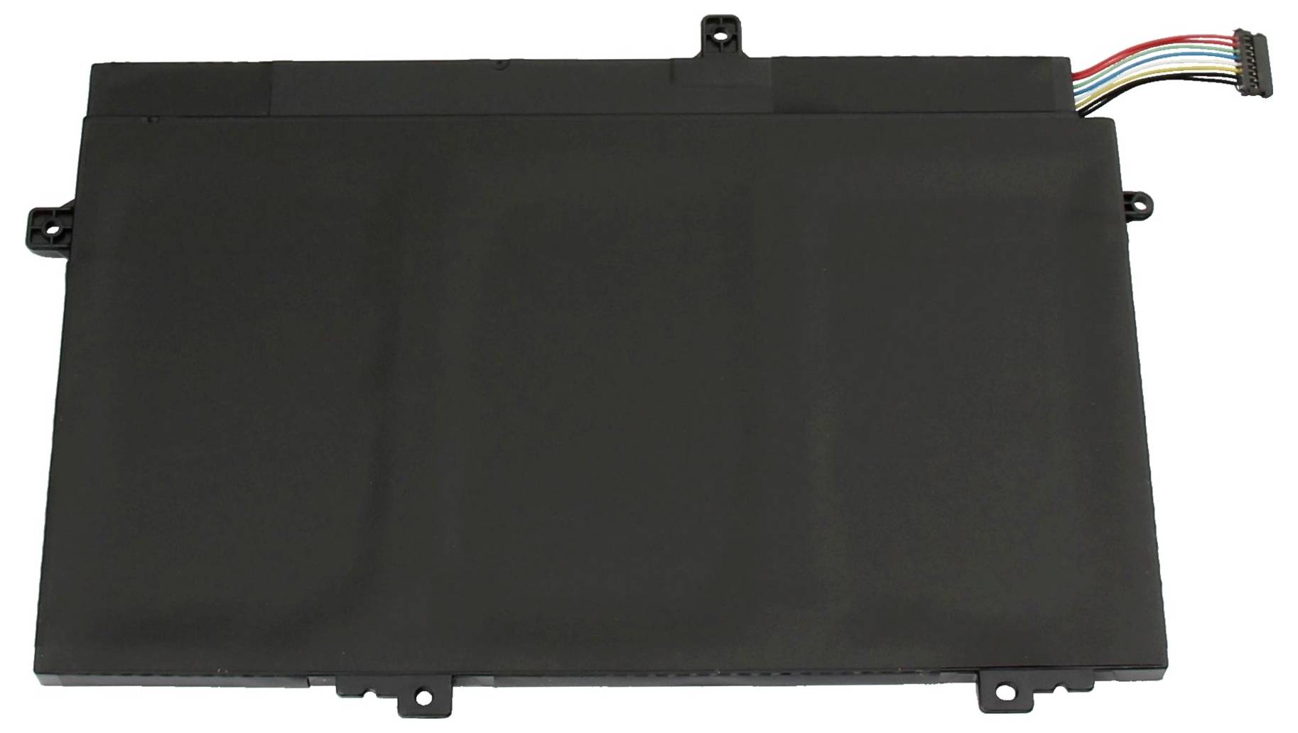 Schwarzes rechteckiges elektronisches Batteriepaket mit angebrachtem mehrfarbigem Steckverbinder und Befestigungslaschen.