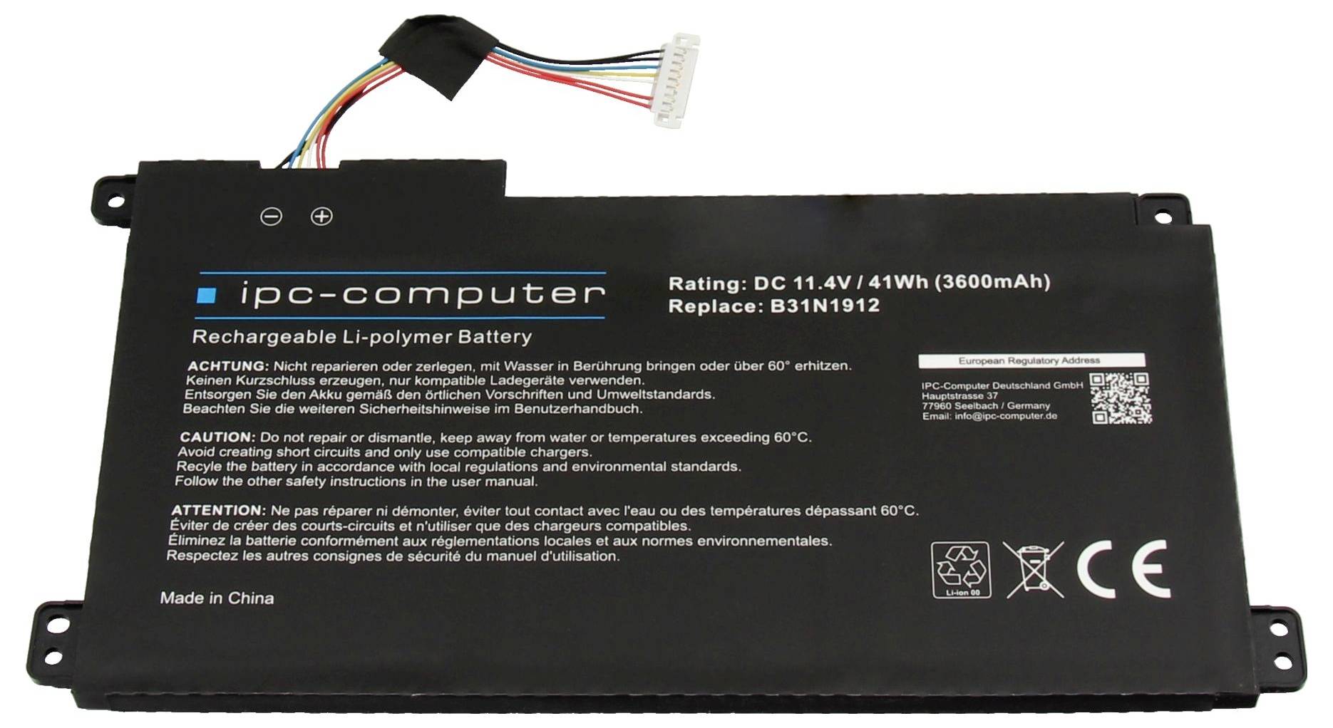 Schwarze IPC-Computer wiederaufladbare Lithium-Polymer-Batteriepackung mit angebrachtem Verbinderkabel, gekennzeichnet als DC 11,4V 41Wh (3600mAh), Austausch B31N1912.