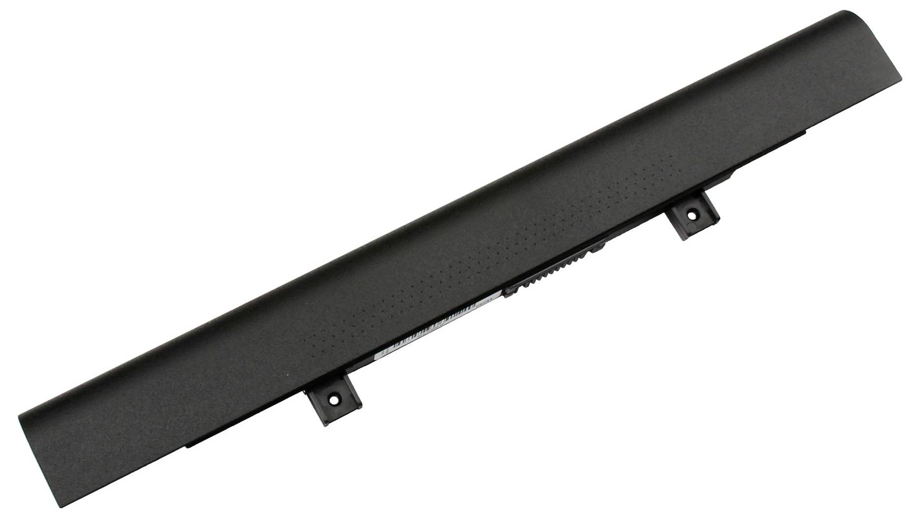 Schwarzes Laptop-Akkupack, diagonal auf weißem Hintergrund dargestellt, mit sichtbaren Befestigungslaschen auf der Unterseite.