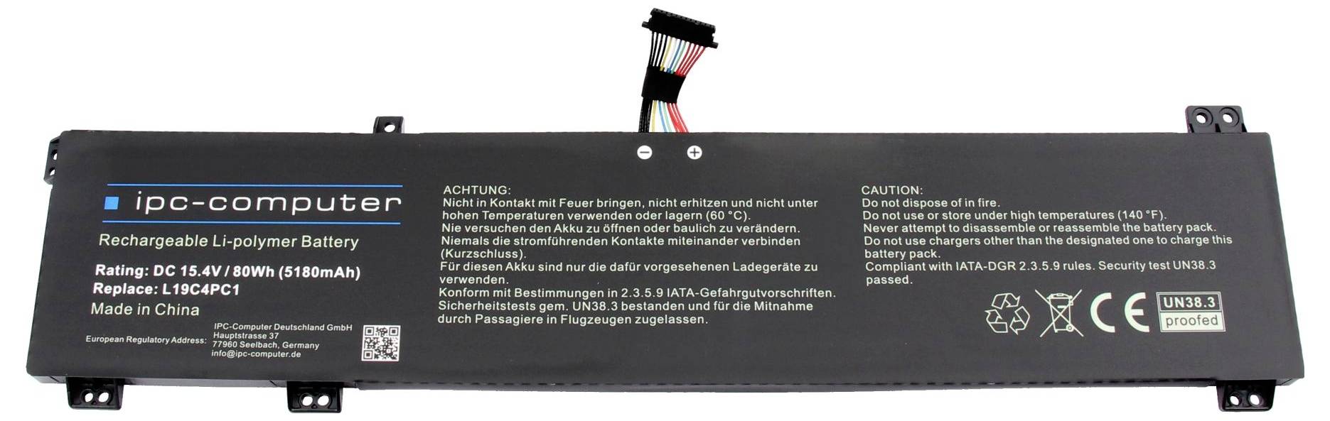 Schwarzes IPC-Computer wiederaufladbares Li-Polymer-Akkupaket mit Verdrahtungsschema und Etiketten, dargestellt auf weißem Hintergrund.